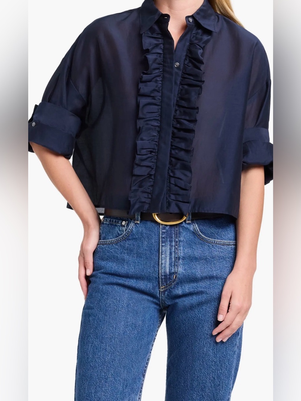 TWP Next Ex Ruffle Crop Shirt Cotton Silk Navy Sz M/L *flaw*
